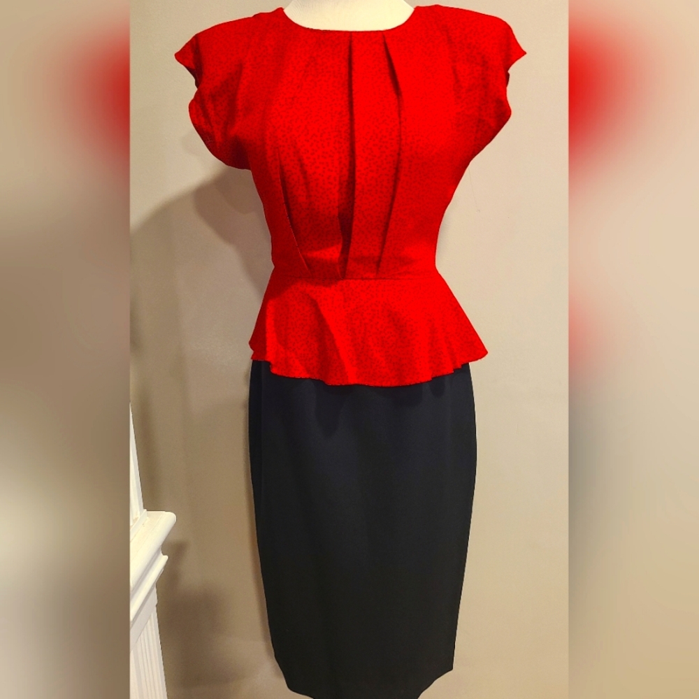 Vintage 1980's FIESTY red a black 40's-style dress peplum sz. 5